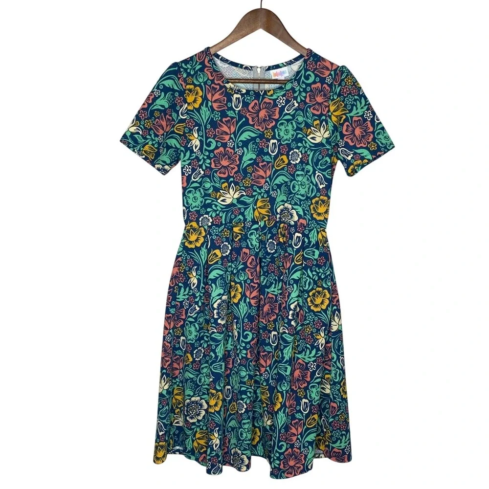 LuLaRoe Amelia Dress Womens Size M Retro Floral Garden Pleated Stretch Pockets